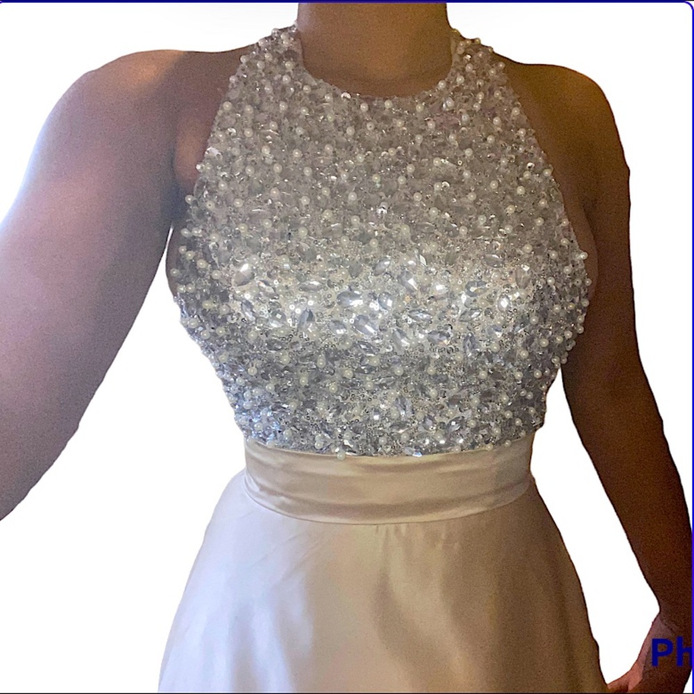 Backless cream colored gown with silver halter top and short train.